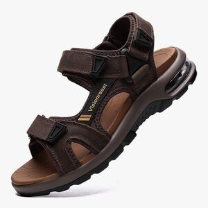 Visionreast leather Men's Brown Sandals with Air Cushion Sole Velcro straps Sz11